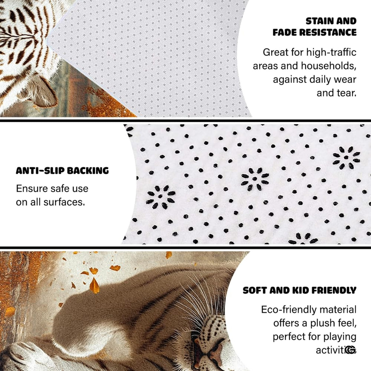 Non-slip grip backing and bound edge stitching on white tiger autumn area rug