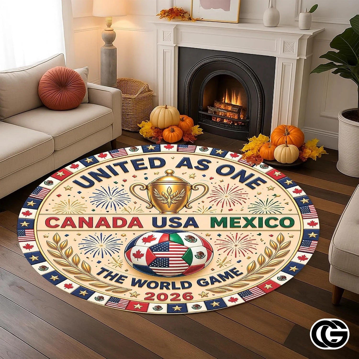 Custom Soccer Round Rug with Championship Trophy and Flags - D10