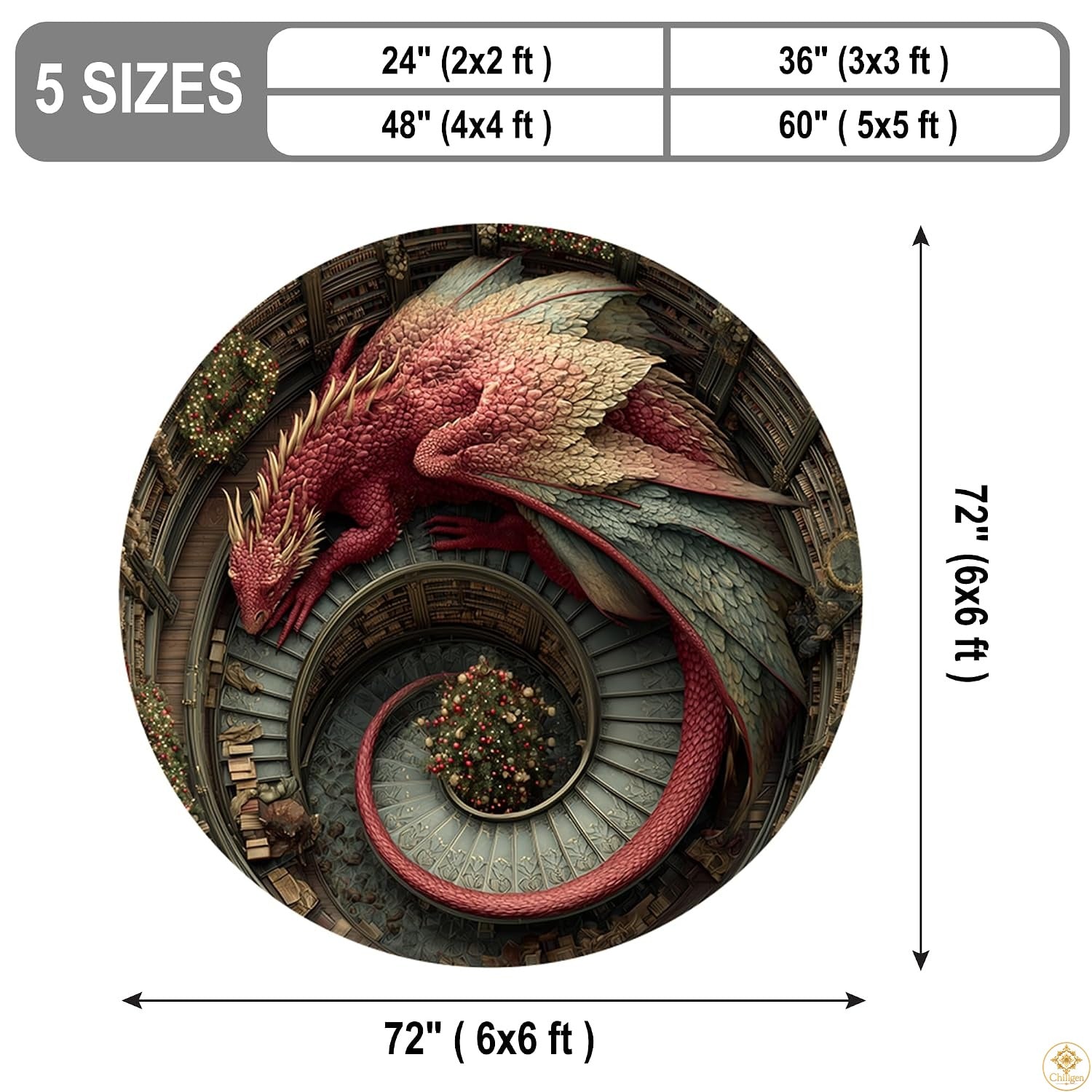 Personalized Dragon Round Rug with 3D Effect and Bookshelf Details