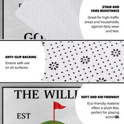 Personalized golf club putting green area rug with golf balls, red flag pin, and man cave simulator room decor. (Angle 6) - thumbnail image 6 of 8