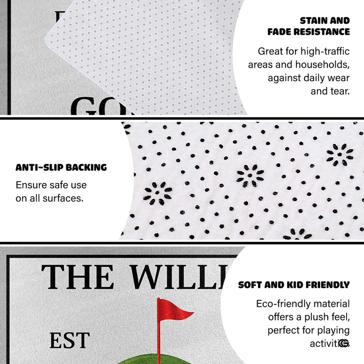 Personalized golf club putting green area rug with golf balls, red flag pin, and man cave simulator room decor. (Angle 6) - image 6 of 8