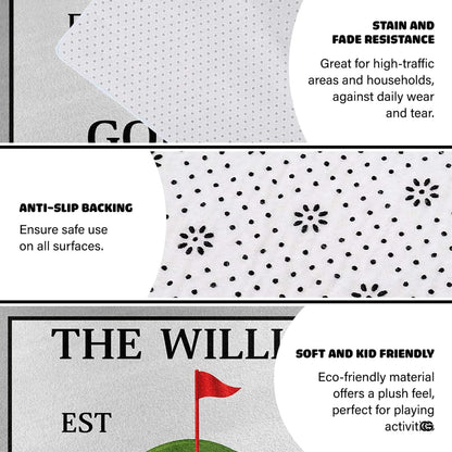 Personalized golf club putting green area rug with golf balls, red flag pin, and man cave simulator room decor. (Angle 6) - thumbnail image 6 of 8