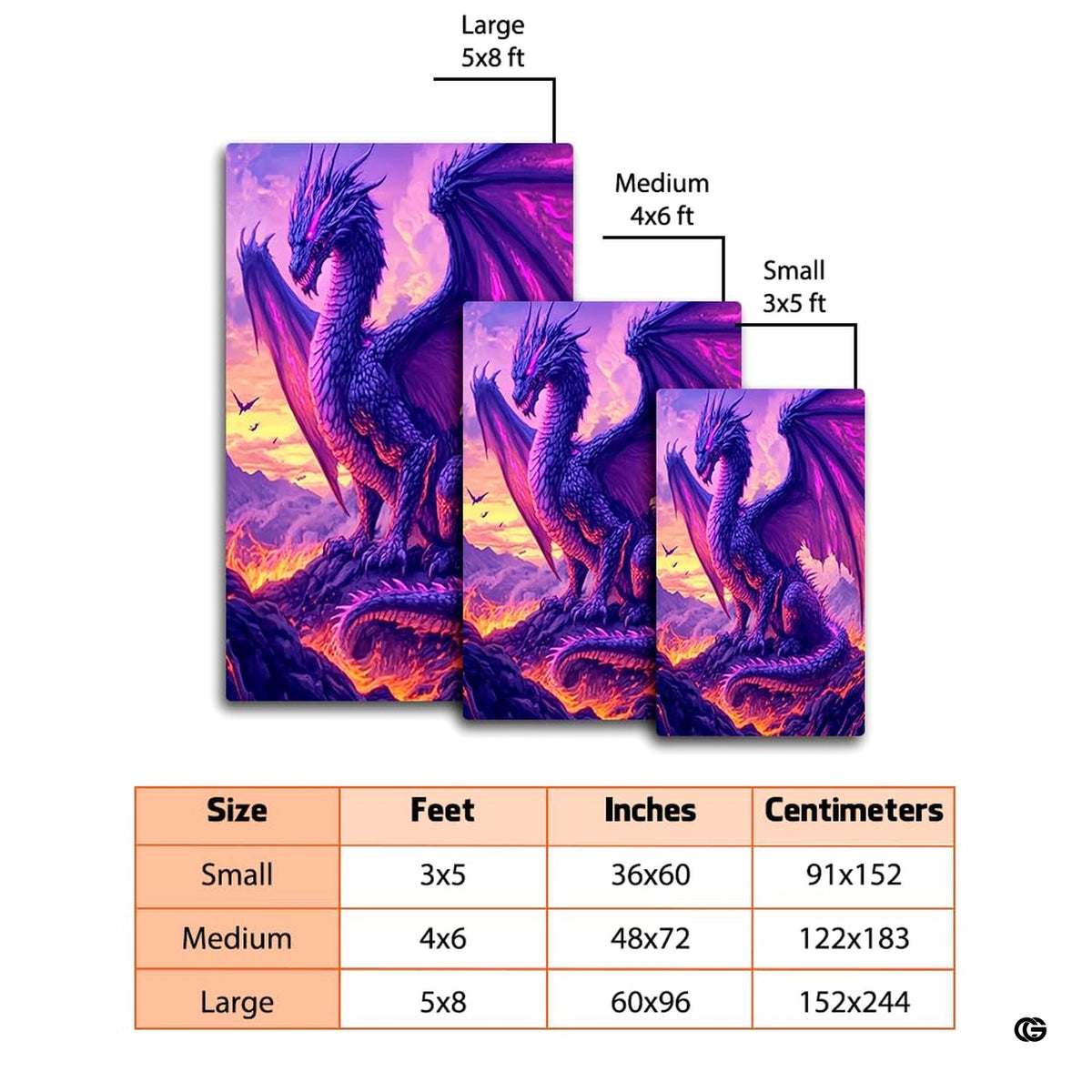 Overhead layout view of the rectangular volcanic purple dragon fantasy area rug - image 7 of 8