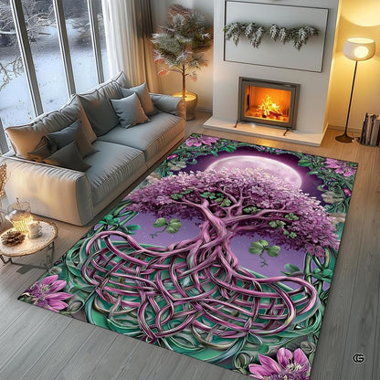 Overhead floor layout view of the full moon Celtic Tree of Life clover area rug - thumbnail image 7 of 8
