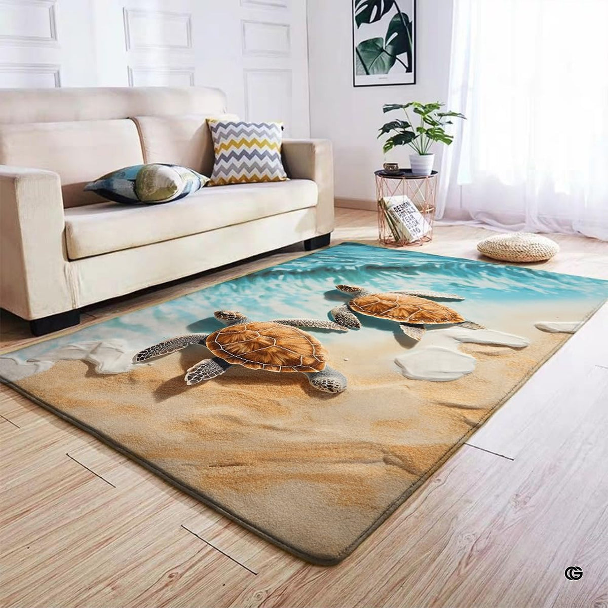 Overhead perspective of ocean shoreline artwork with white seafoam wash on a coastal beach area rug.