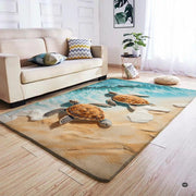 Overhead perspective of ocean shoreline artwork with white seafoam wash on a coastal beach area rug. - thumbnail image 4 of 7