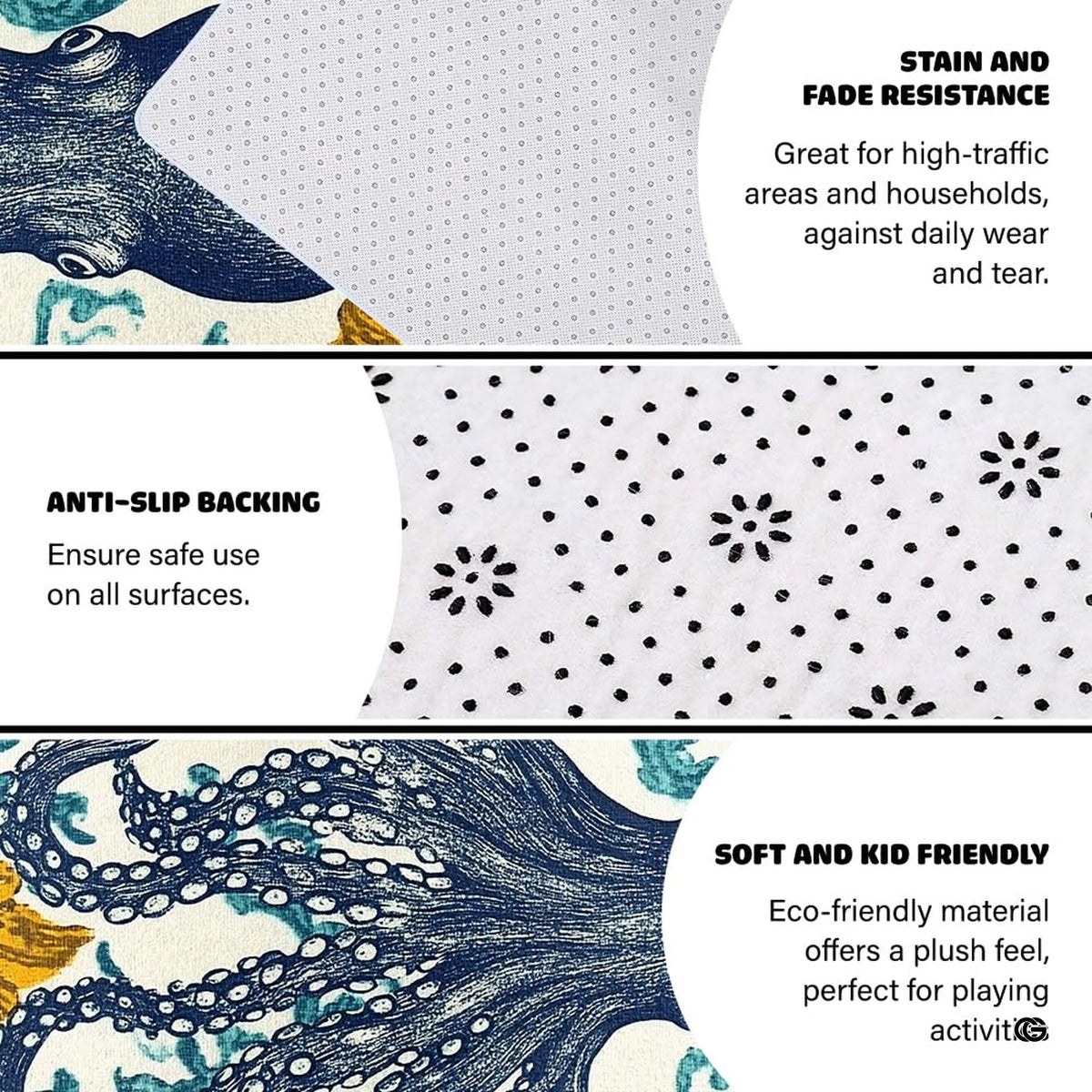 Non-skid dotted backing and resilient pile construction of the blue octopus area rug.