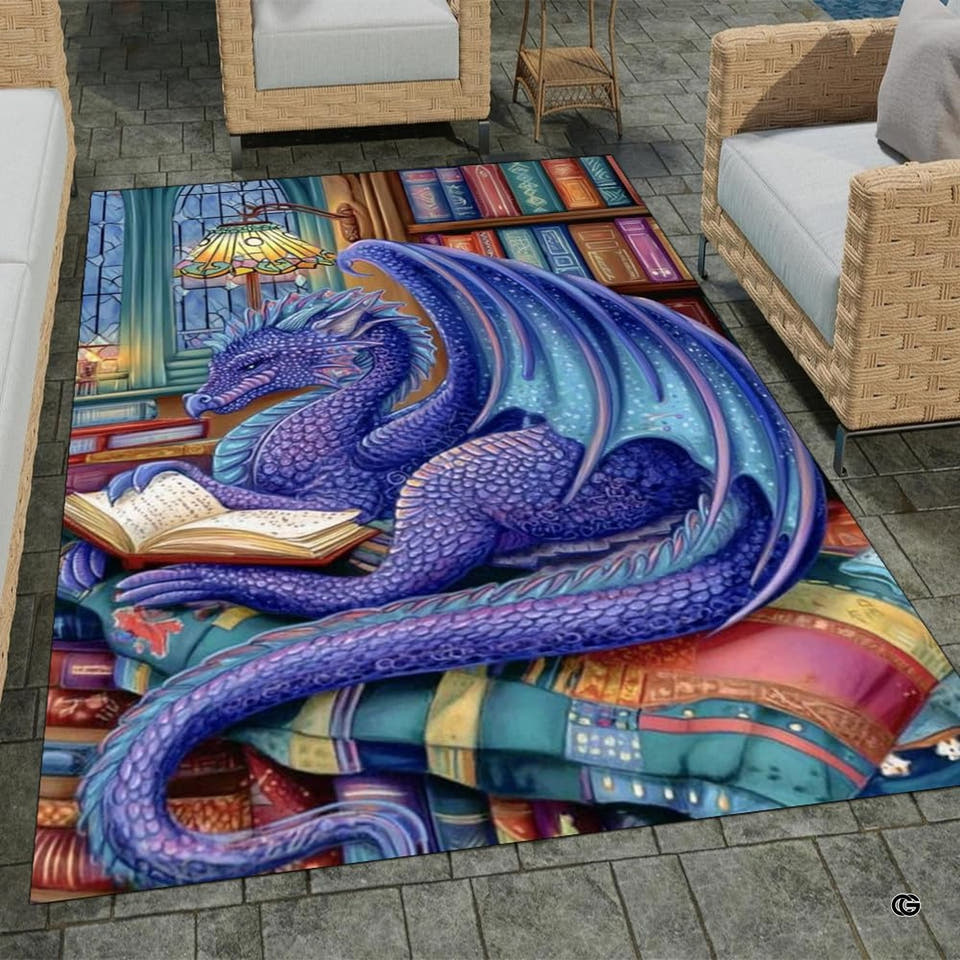 Purple scholar dragon reading book stained glass area rug on outdoor patio pavers