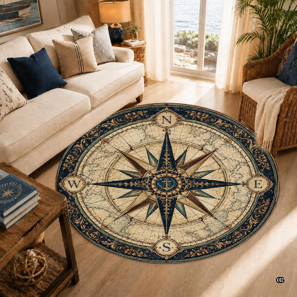 Vintage nautical compass rug showing anchor emblem and antique parchment map details.