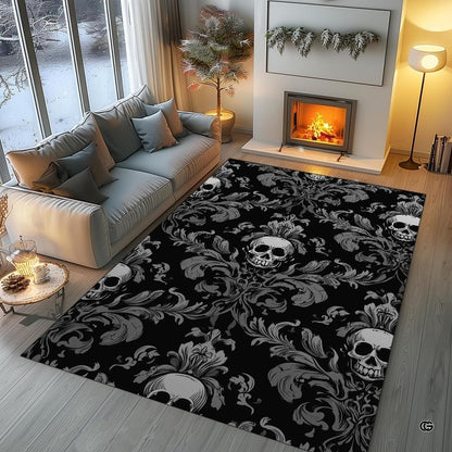 Living room fireplace scene displaying the gothic damask area rug with human skulls and silver baroque scrollwork - thumbnail image 1 of 8