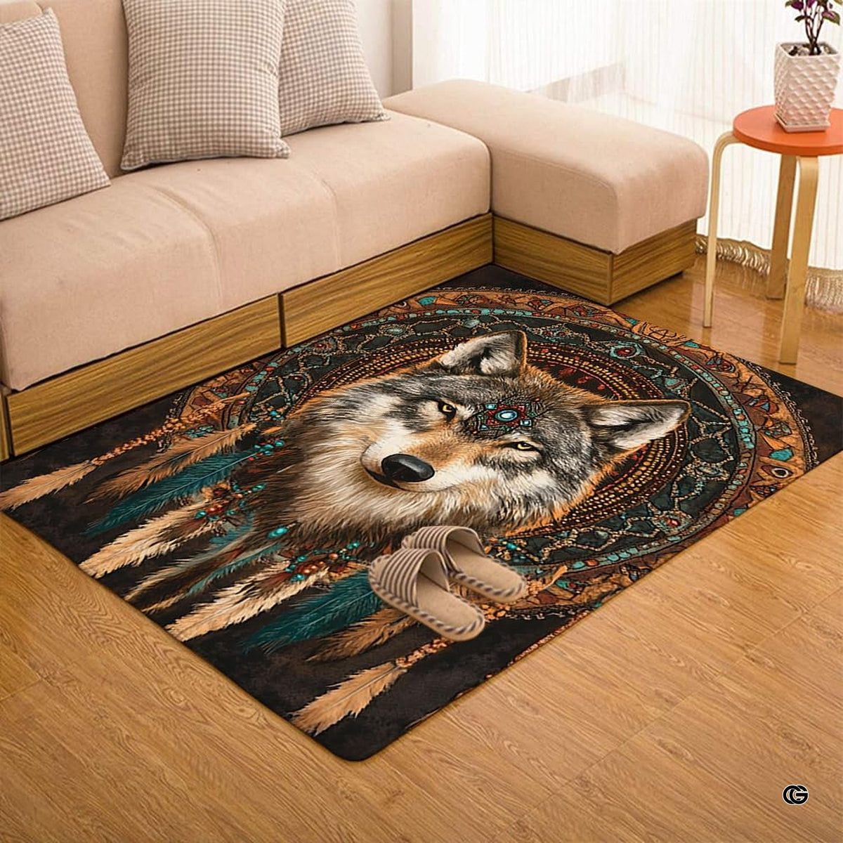 Overhead layout view of the rectangular tribal wolf totem beaded mandala dreamcatcher rug - image 7 of 7