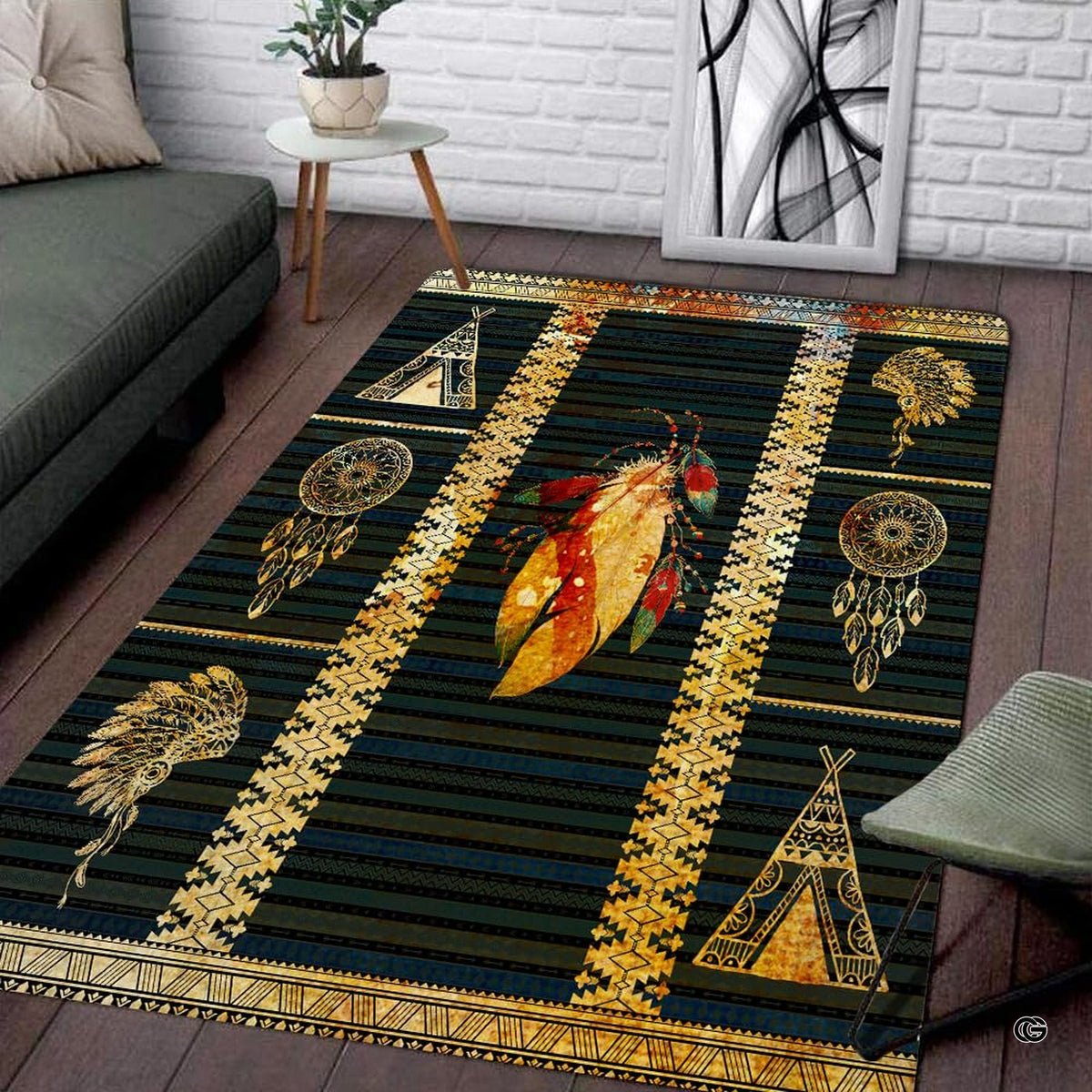 Detailed eagle feather headdress and beaded tribal motifs on native american area rugs design. - image 3 of 7