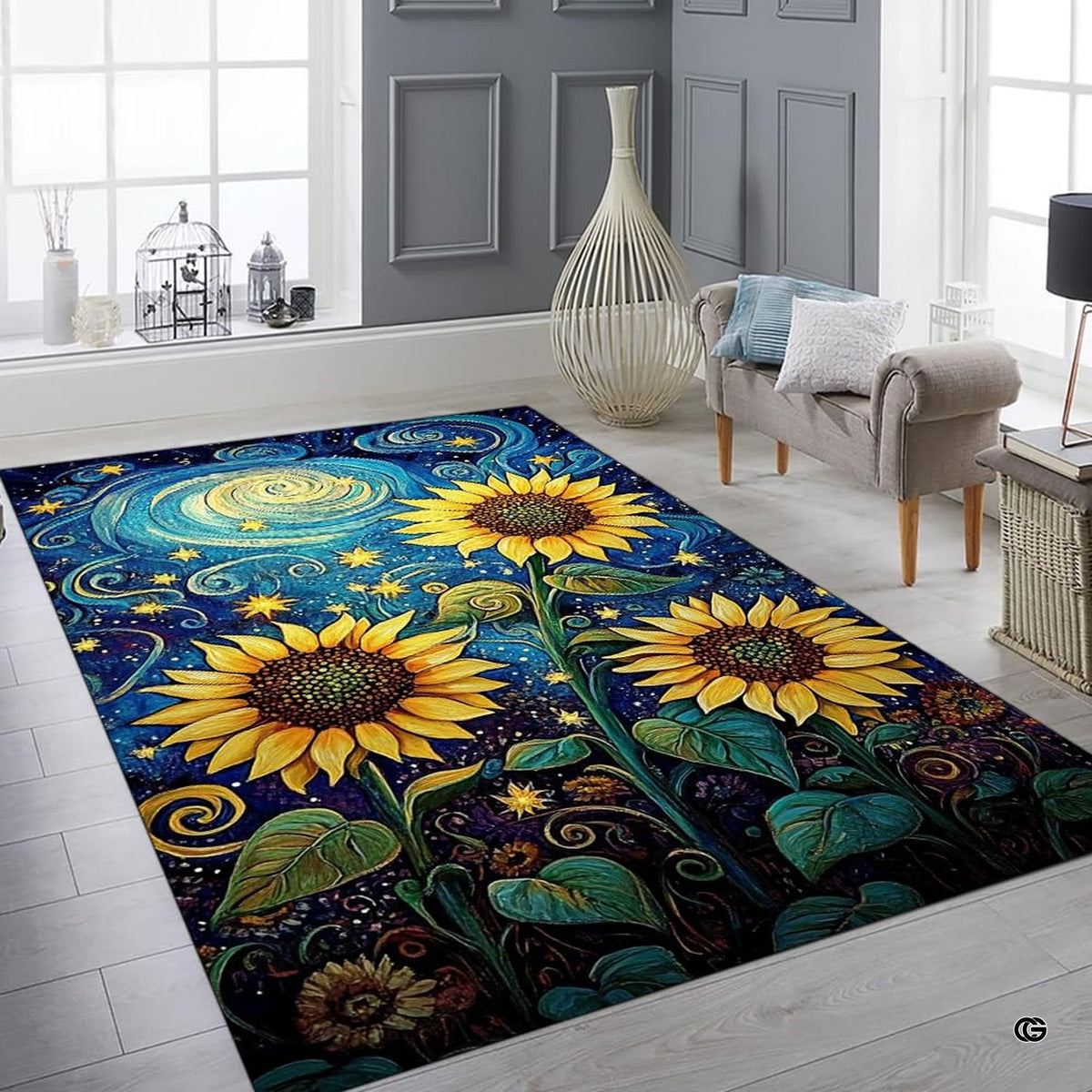 Bedroom layout showing the vibrant sunflower floral rug near wooden furnishings
