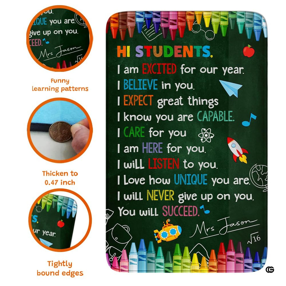 Bright learning area decorated with chalkboard doodle rug coordinating with cheerful wall art.