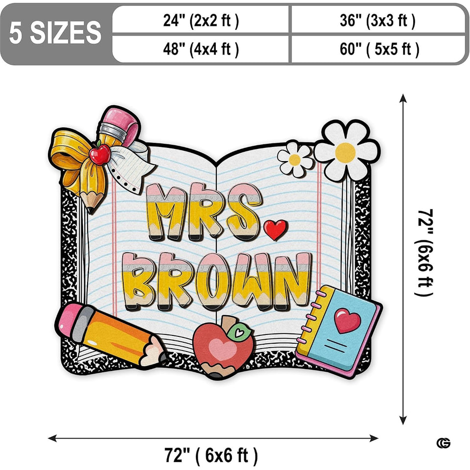 Personalized Composition Notebook Classroom Shaped Rugs for Kids (A05) | Custom Pennant Flag Carpet for Reading Corner, Non-Slip Apple Shape Rug Mat, Classroom Decor, Back To School Gift