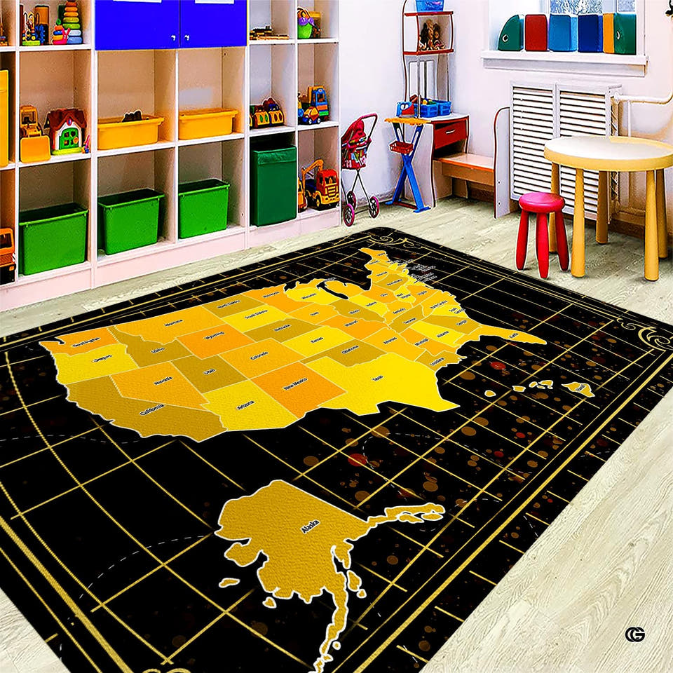 Golden USA map area rug displaying territorial regions across a playroom floor.