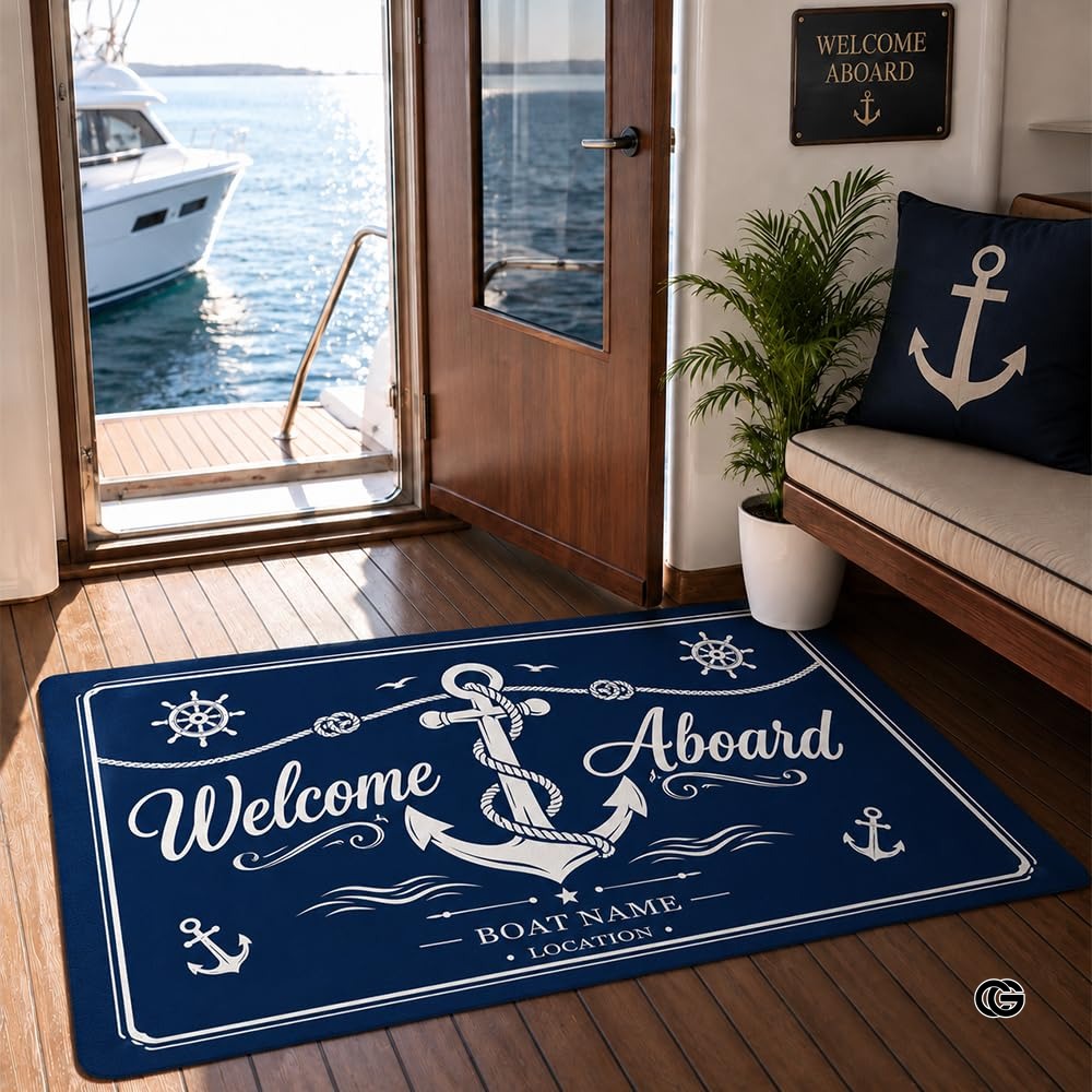 Custom Boat Rug, Personalized Welcome Aboard Mat with Boat Name, Nautical Area Rug for Deck, Entryway or Floor, Anchor Marine Decor, Boating Gift (Boat Rug 07)