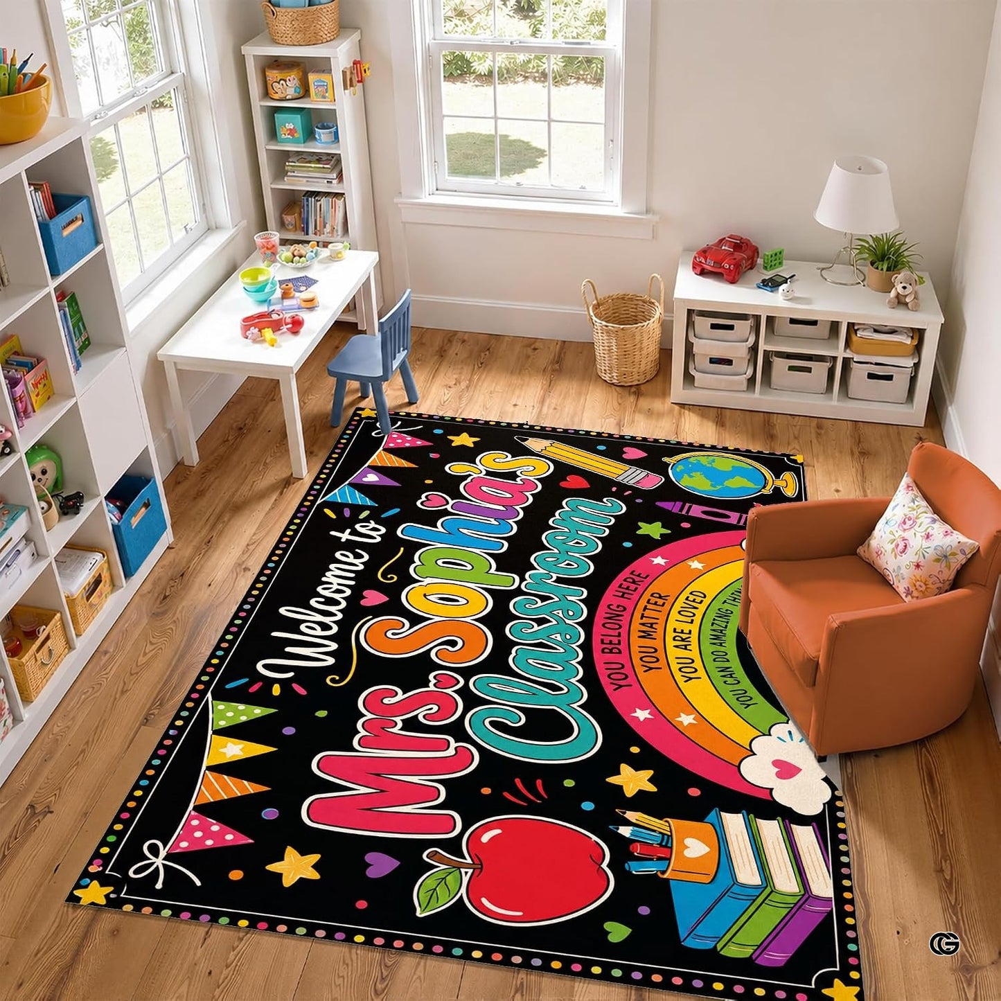 Personalized Teacher Classroom Rug, Custom Back to School Welcome Mat with Name, Kindergarten Preschool Elementary Decor, Composition Notebook Carpet (A10)