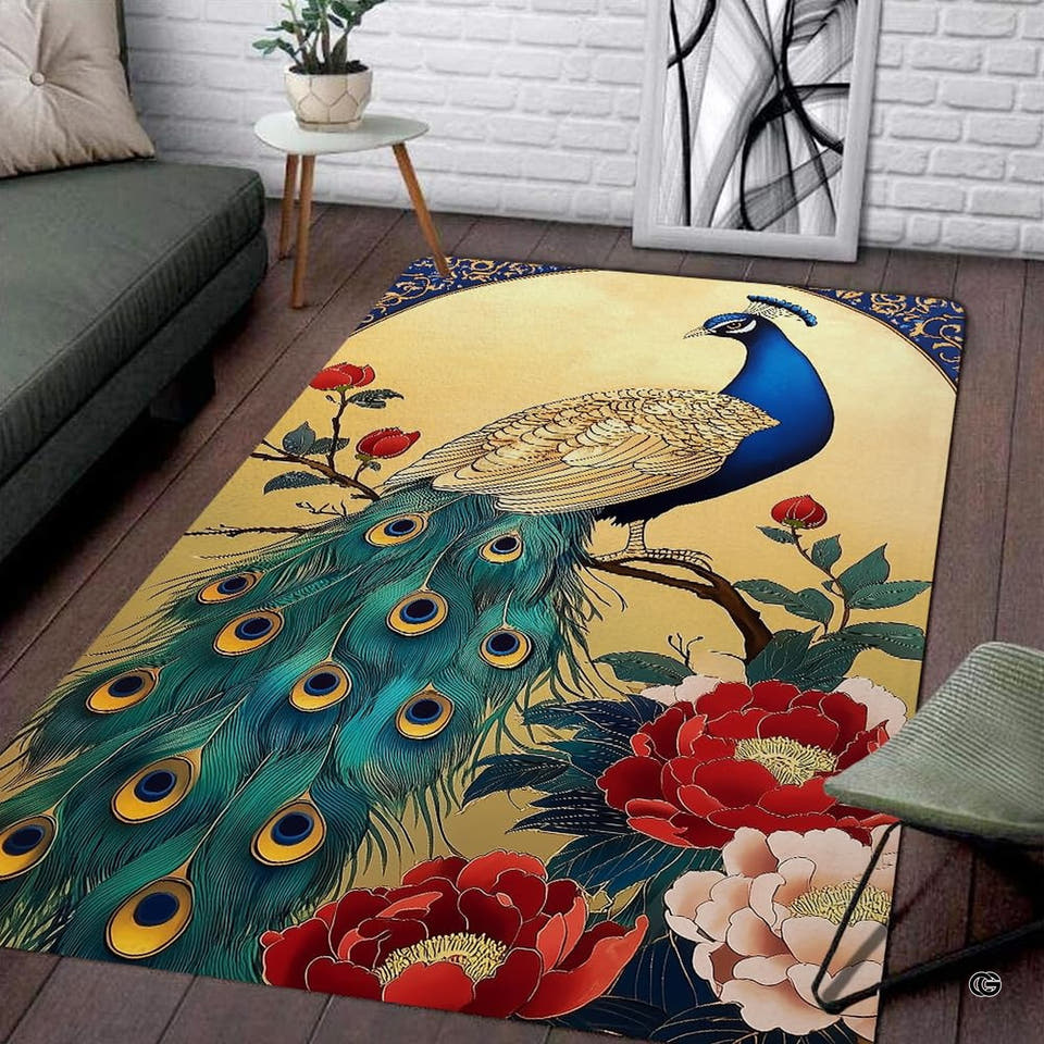 Art nouveau peacock blue area rug showcasing ornate jewel-toned plumage and golden arched halo artwork.
