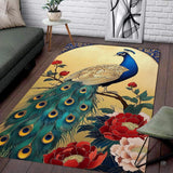 Art nouveau peacock blue area rug showcasing ornate jewel-toned plumage and golden arched halo artwork.