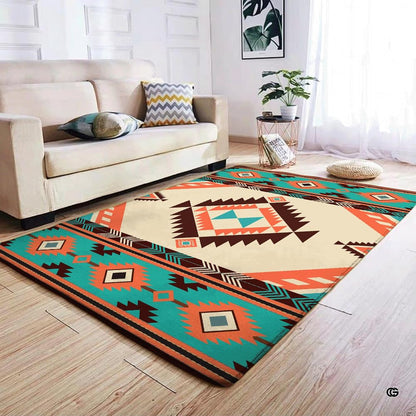 Overhead perspective of chevron arrow borders and tribal geometry on a Southwestern area rug. - thumbnail image 4 of 7