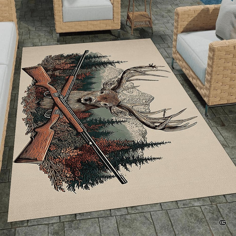 Trophy buck hunting rifles mountain pines rustic area rug on outdoor patio pavers