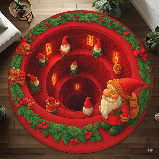 Top-down view of round area rug featuring a 3D spiral staircase illusion depicting holiday gnomes and pine border.
