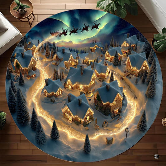 Round Christmas village rug with glowing roads and aurora sky