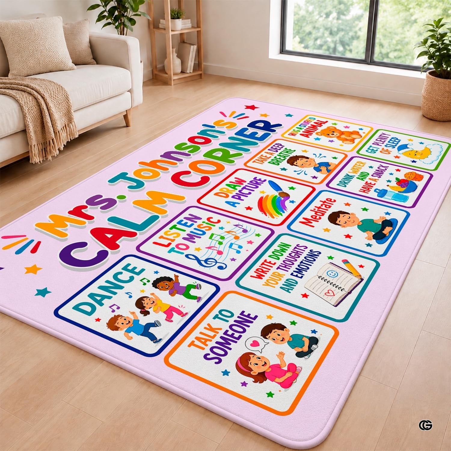 Personalized Calming Corner Rug for Classroom, Custom Teacher Name Reading Corner Rug, Emotions Feelings Carpet, Soft Fluffy Calm Corner Decor for School Reading Nook (Calming Corner)