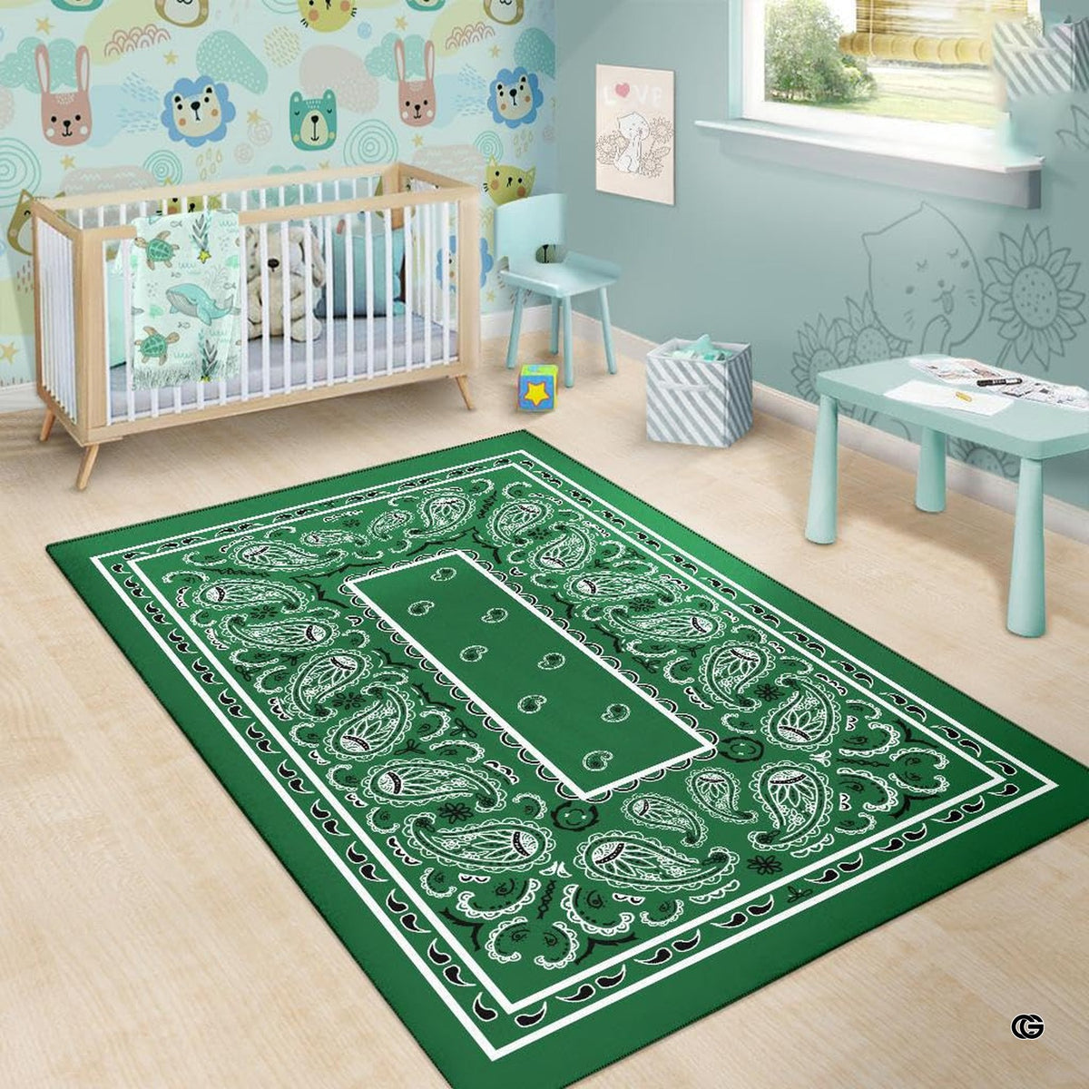 Living space setting with green bandana area rug anchoring contemporary urban furniture decor.