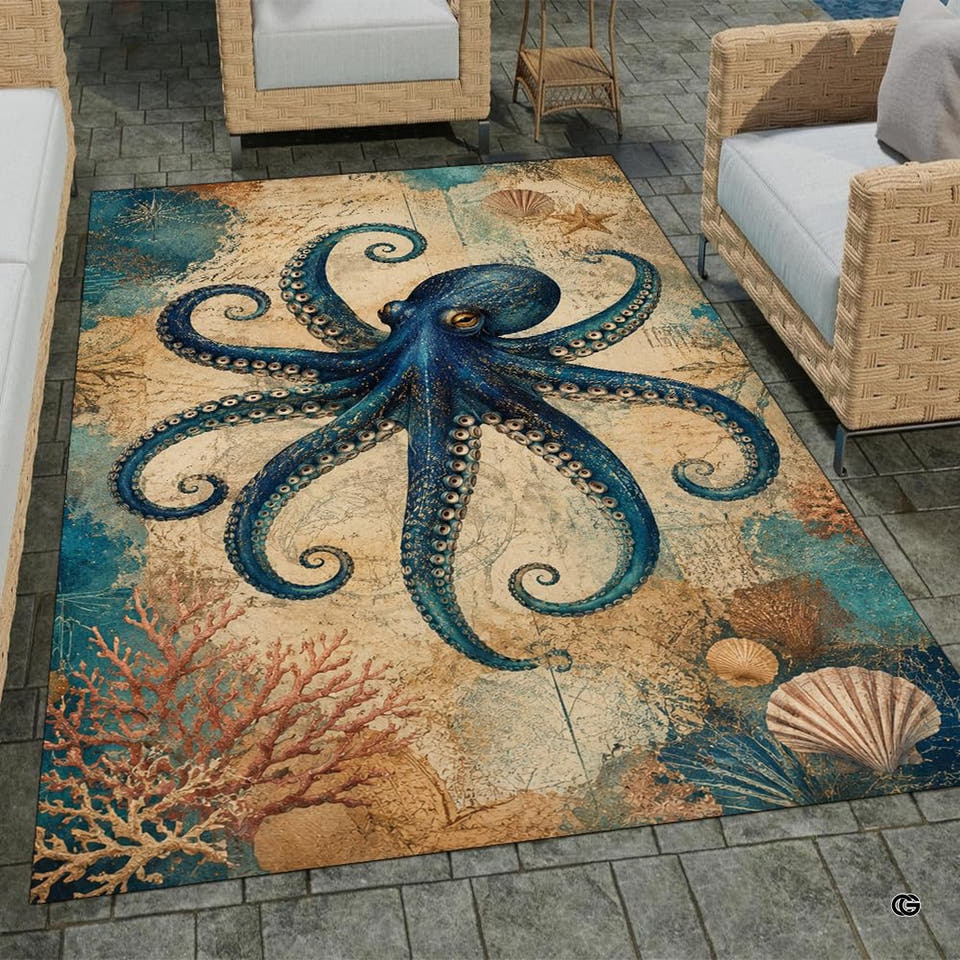 Overhead view of blue area rug displaying a detailed octopus illustration over vintage parchment.