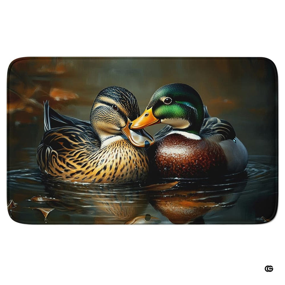 Mallard duck pair wildlife rectangular area rug showing drake and hen swimming together on calm water.