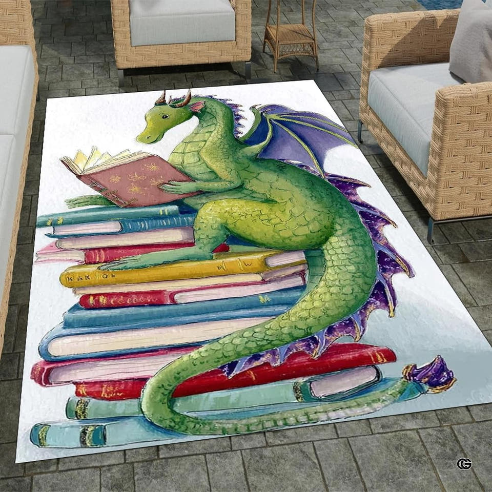 Whimsical green dragon reading book stack watercolor area rug on outdoor patio pavers