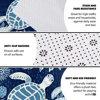 Decor showcase illustrating sea turtle habitat artwork on an indigo rug complementing minimalist coastal interiors. - thumbnail image 6 of 7