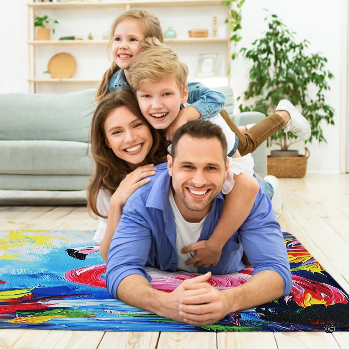 Bright modern sitting room featuring the vibrant pink flamingo oil painting rug and decorative vases