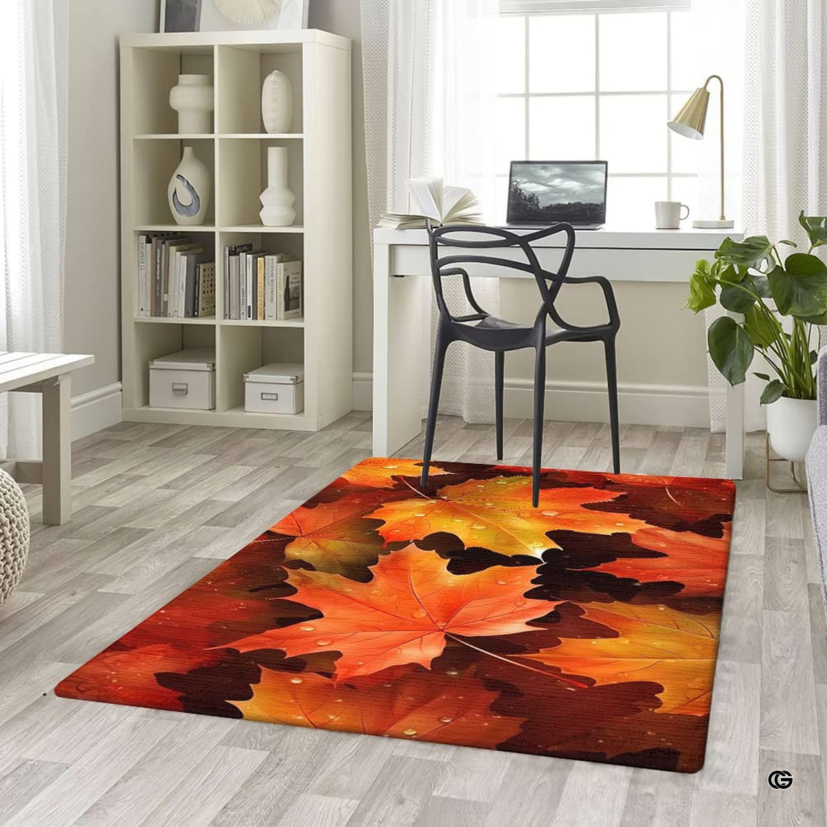 Fireside lounge setting with person relaxing near the seasonal maple leaf area rug