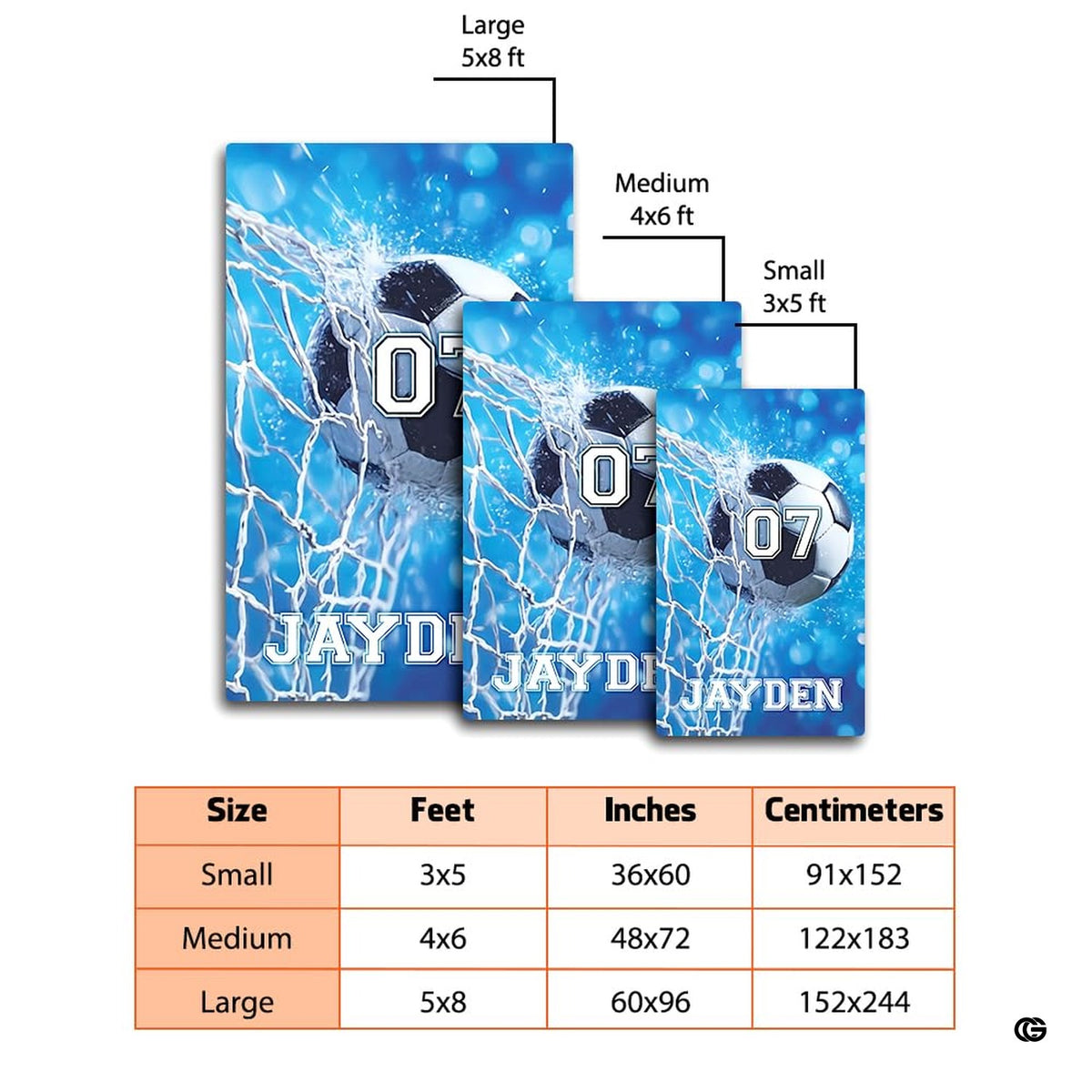 Dimension comparison chart displaying multiple size formats for this soccer goal net area rug. - image 2 of 8