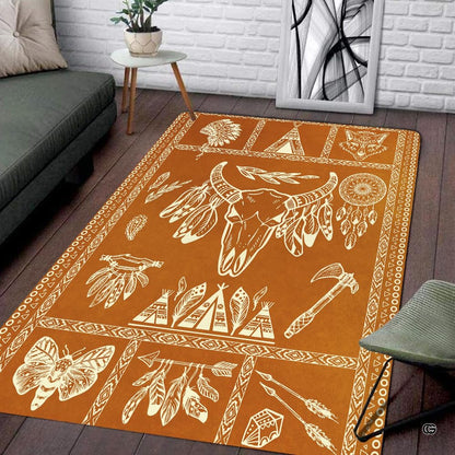 Infographic showing the non-skid dot backing and edge stitching of the tribal rug - thumbnail image 4 of 7
