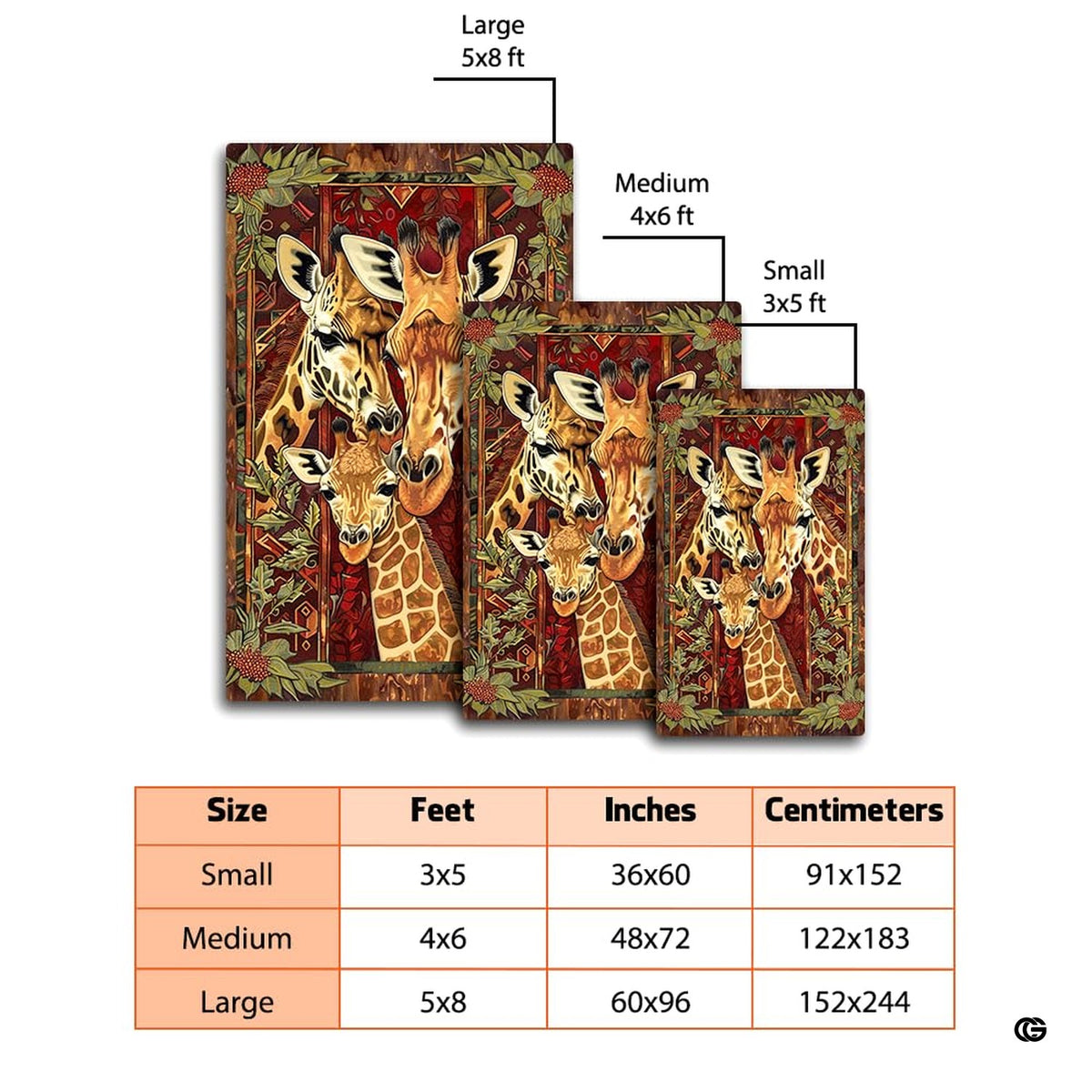 Overhead floor layout view of the warm burgundy and amber giraffe family area rug