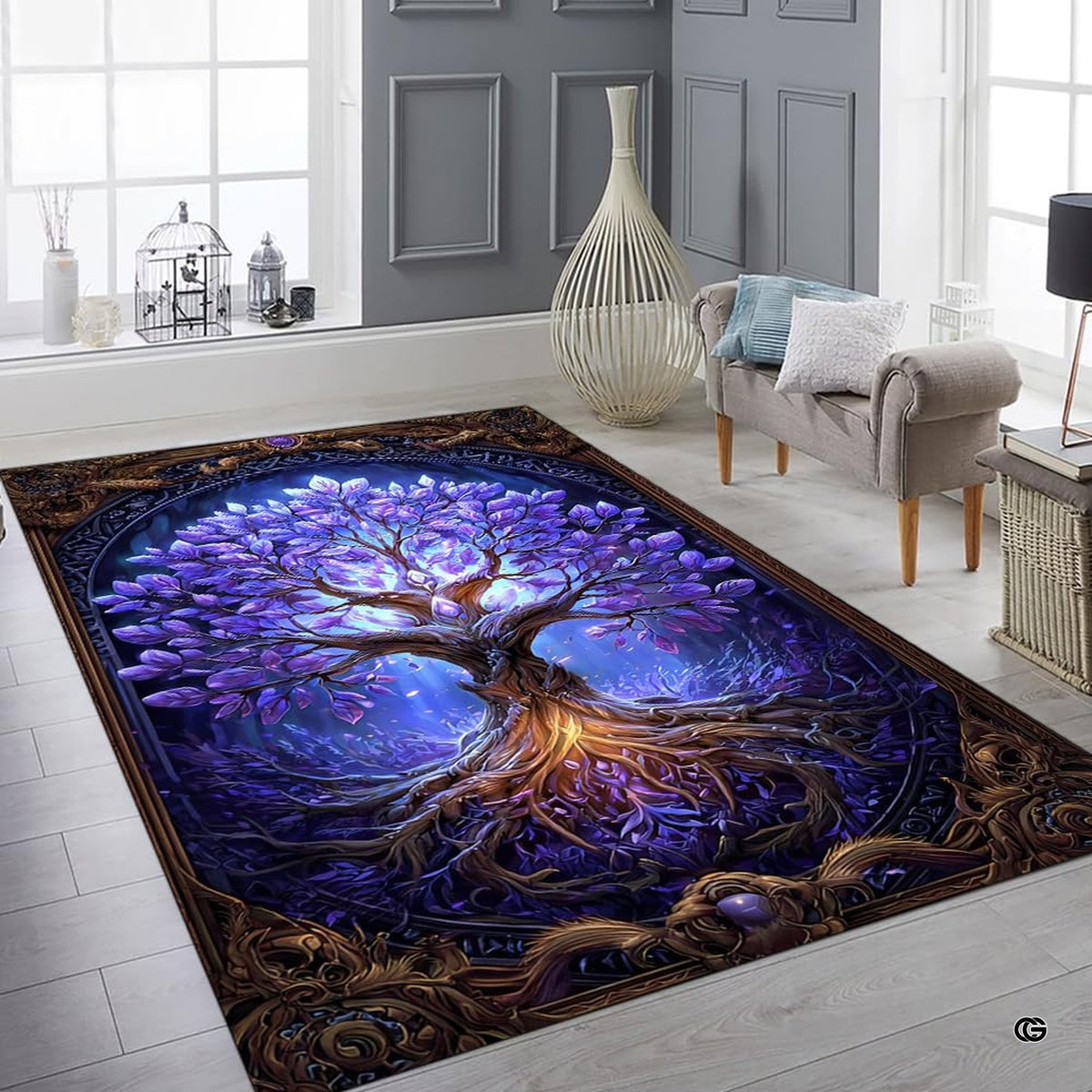 Lifestyle mockup showing the purple fantasy tree rug centered on a contemporary wood floor - image 8 of 8