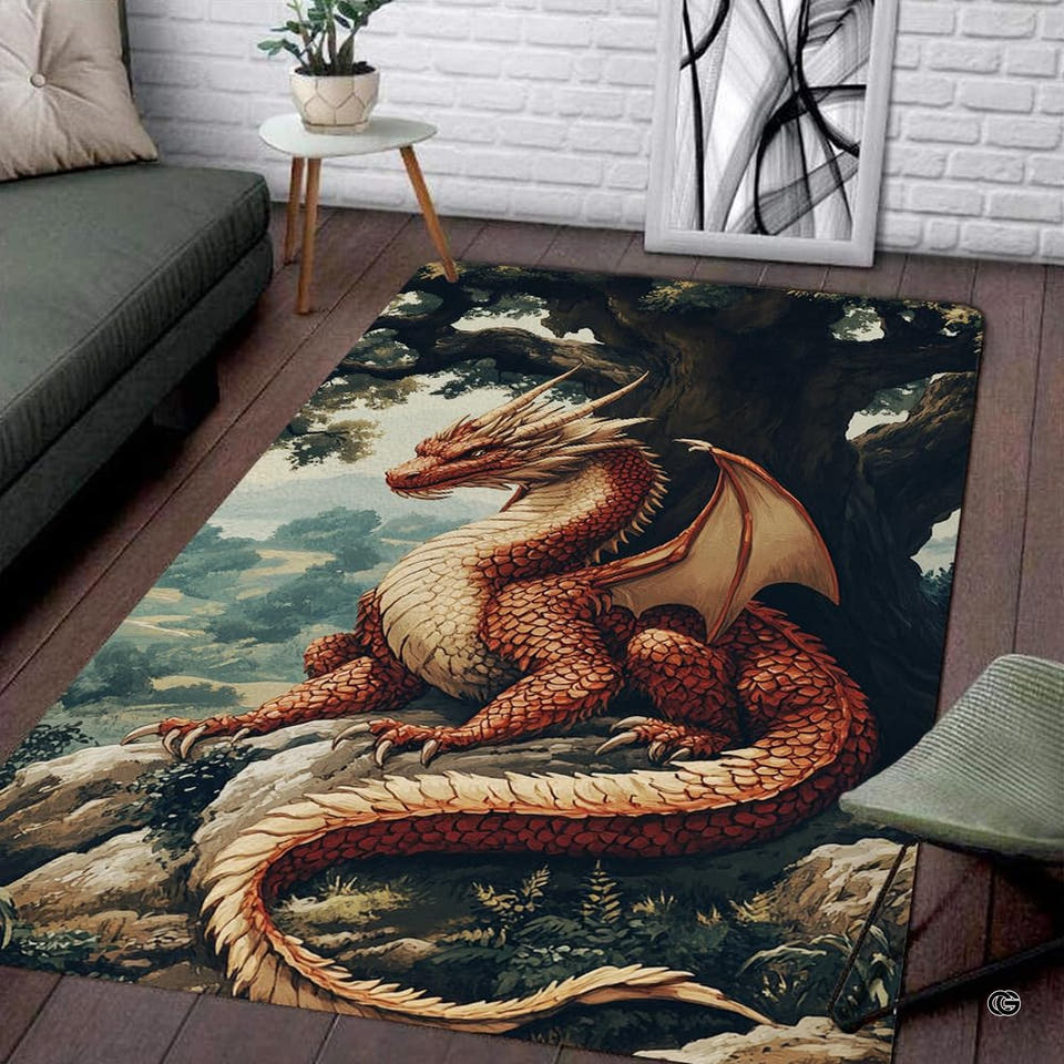 Living room corner view showing the rectangular mythic red dragon area rug on dark wood floor.