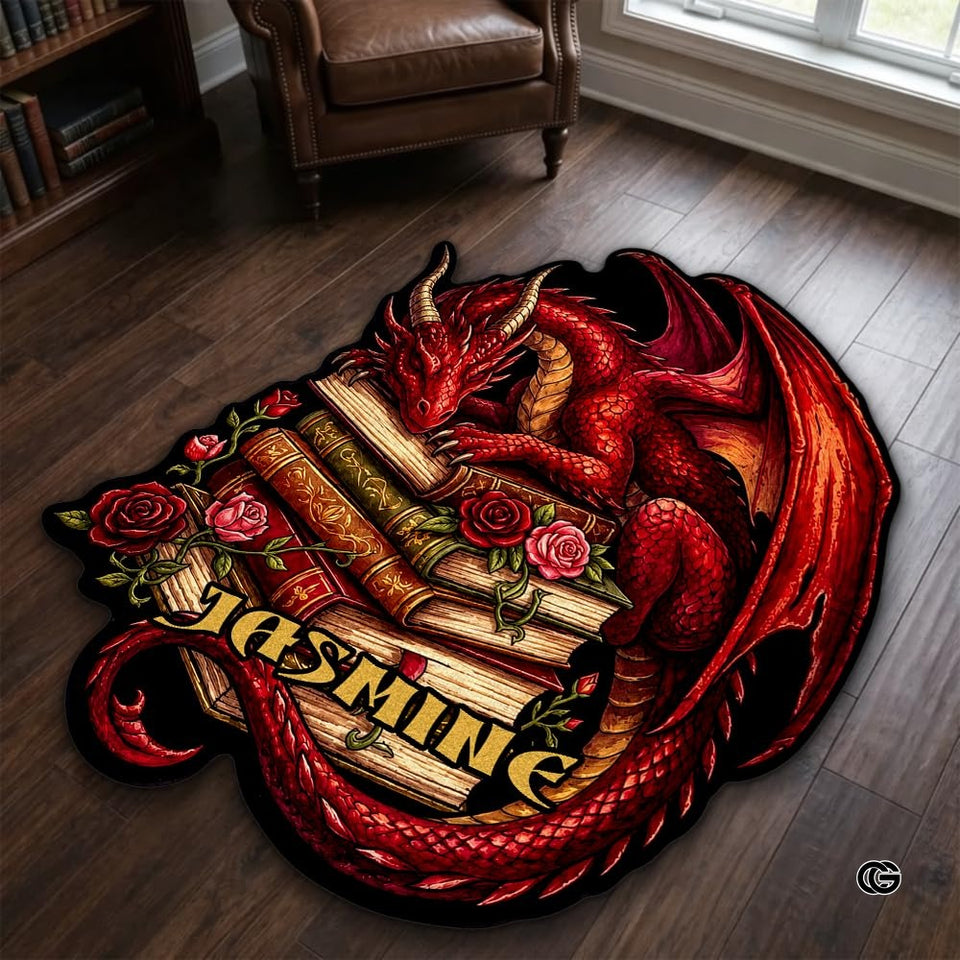 Custom Dragon Shaped Area Rug, Personalized Library Western Dragon Shaped Floor Mat Book Rug, Non-Slip Reading Room Carpet for Living Room, Bedroom, Dorm, Kids Room, Fans Lover (D1)