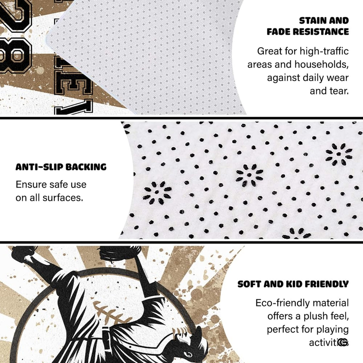 Close up view of distressed vintage ray pattern and pitcher artwork on sports area rug. - image 4 of 7