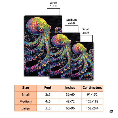 Overhead perspective of psychedelic octopus rug with vibrant dot-mosaic art across radiant tentacles. - thumbnail image 2 of 7