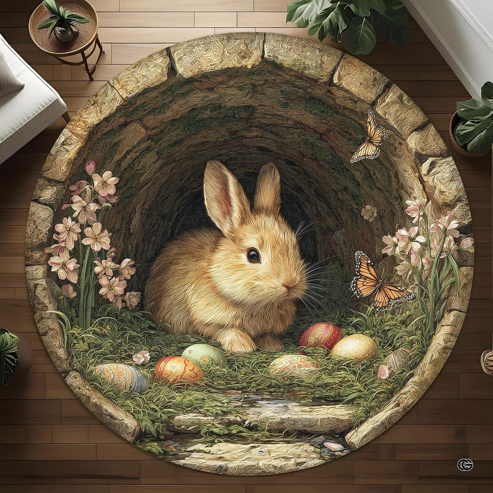 Round area rug with a bunny, stone arch, eggs, and flowers on a wood floor
