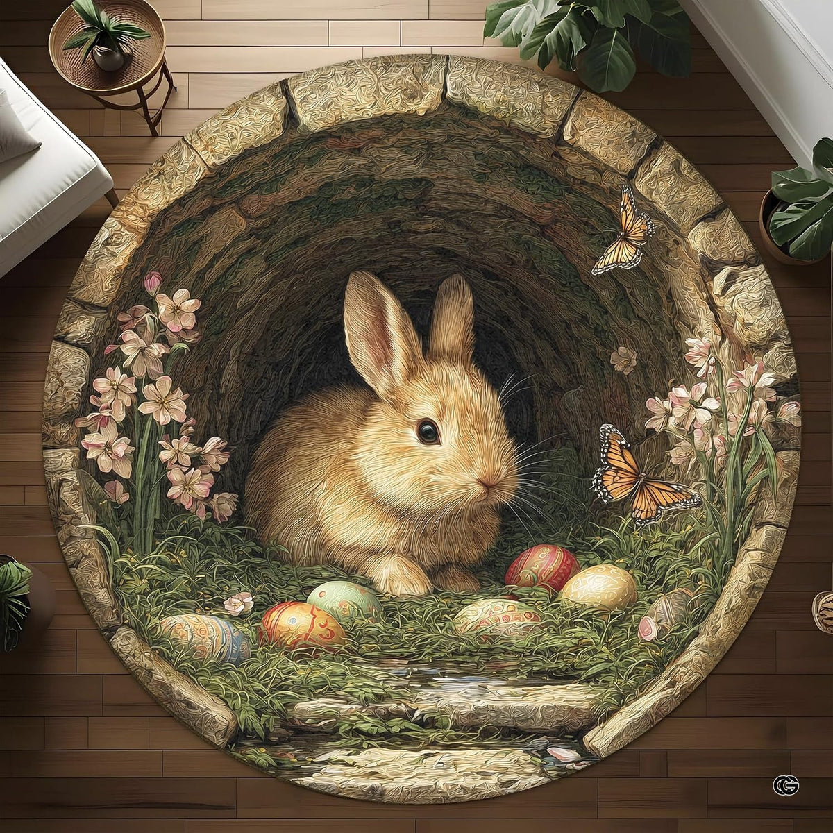 Round area rug with a bunny, stone arch, eggs, and flowers on a wood floor