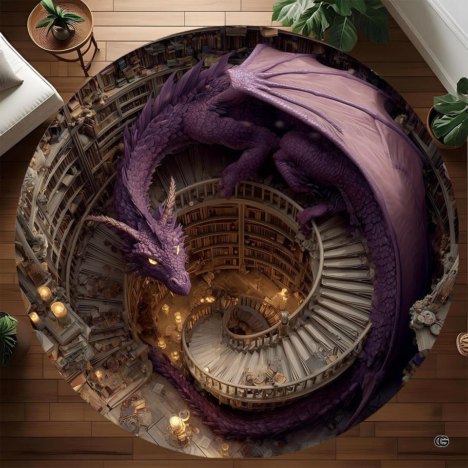 Round purple dragon rug with spiral library staircase