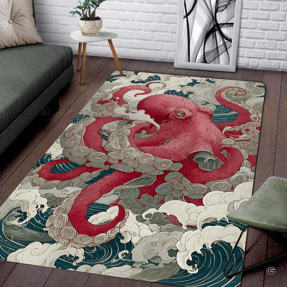 Living room corner view showing the rectangular crimson kraken and waves area rug on dark wood flooring.