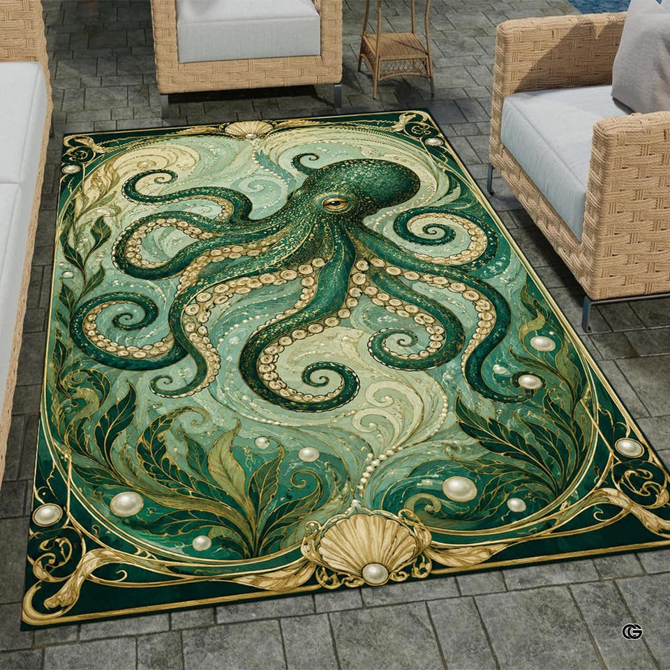 Emerald octopus Art Nouveau sea pearls area rug in primary perspective
