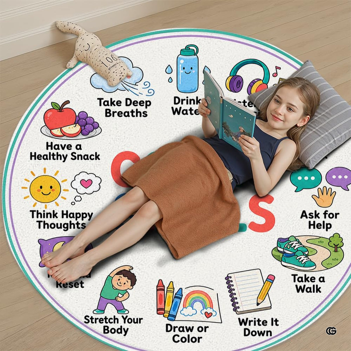Detailed graphic panel of quiet corner rug highlighting gentle self-regulation strategies.